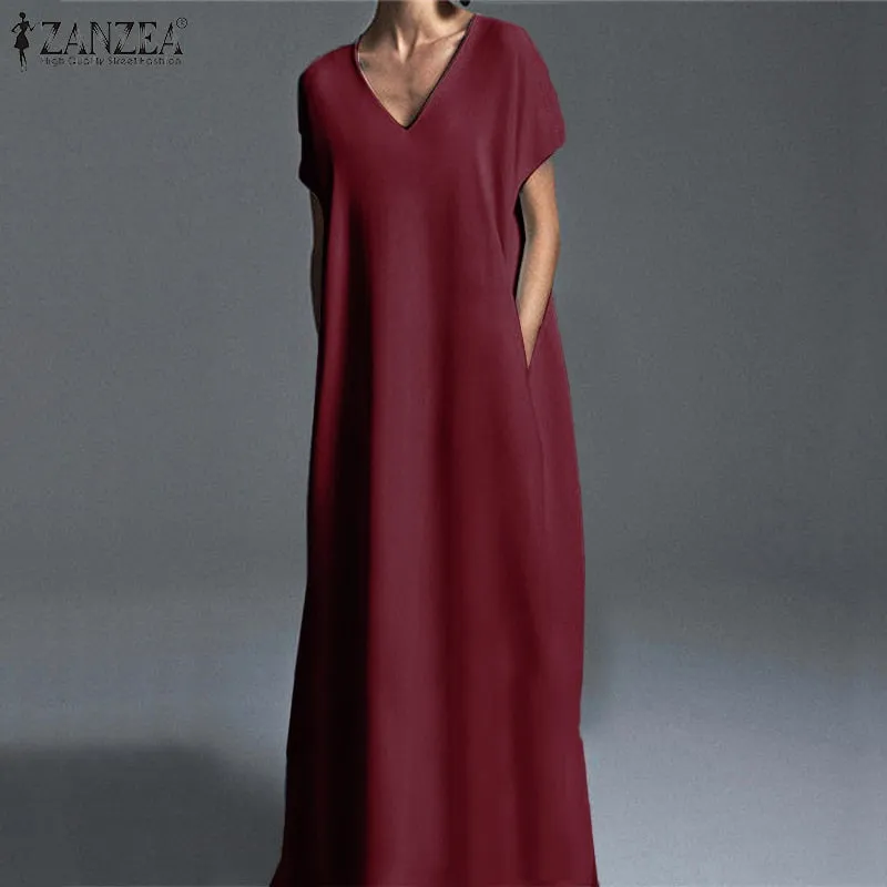 Casual Vintage V Neck Long Maxi Dress