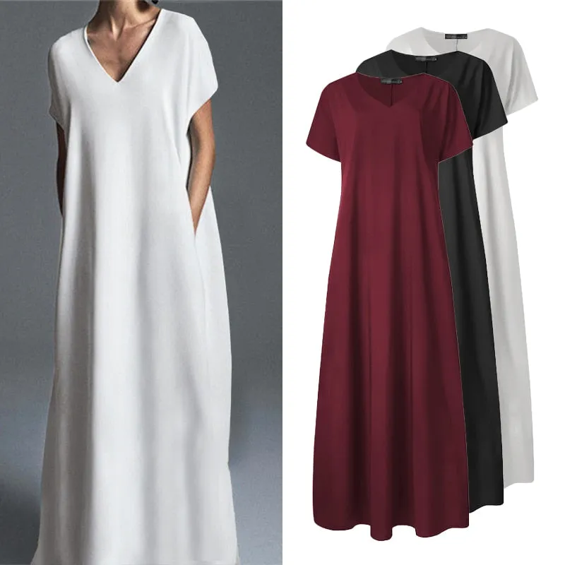 Casual Vintage V Neck Long Maxi Dress