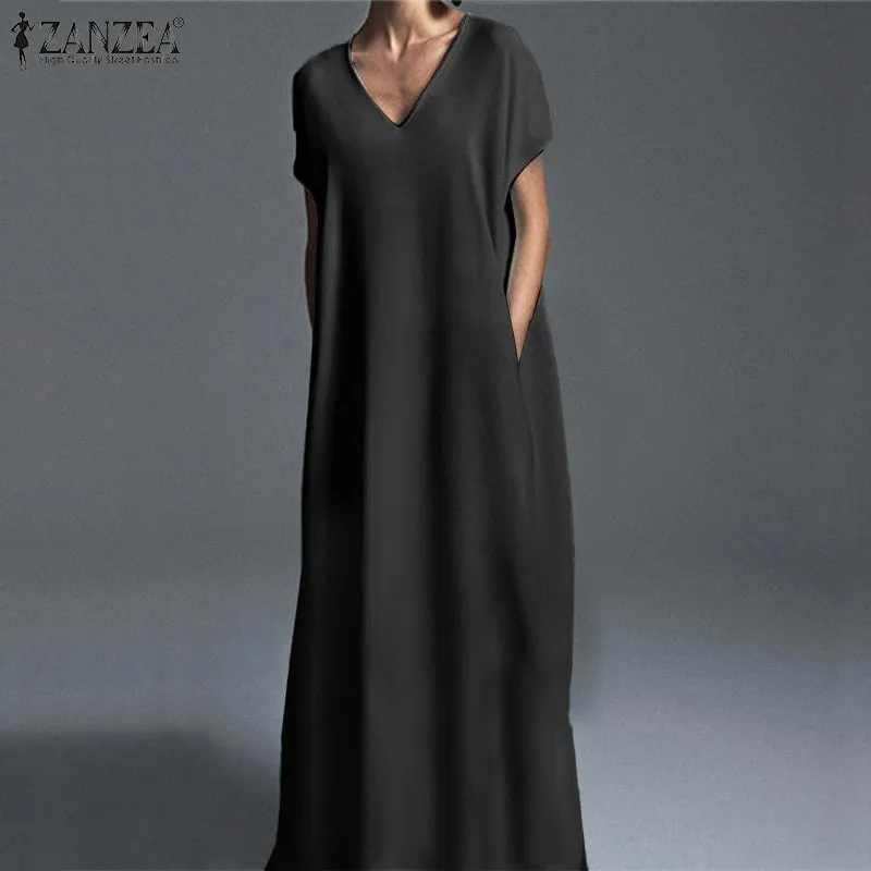 Casual Vintage V Neck Long Maxi Dress