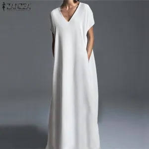 Casual Vintage V Neck Long Maxi Dress