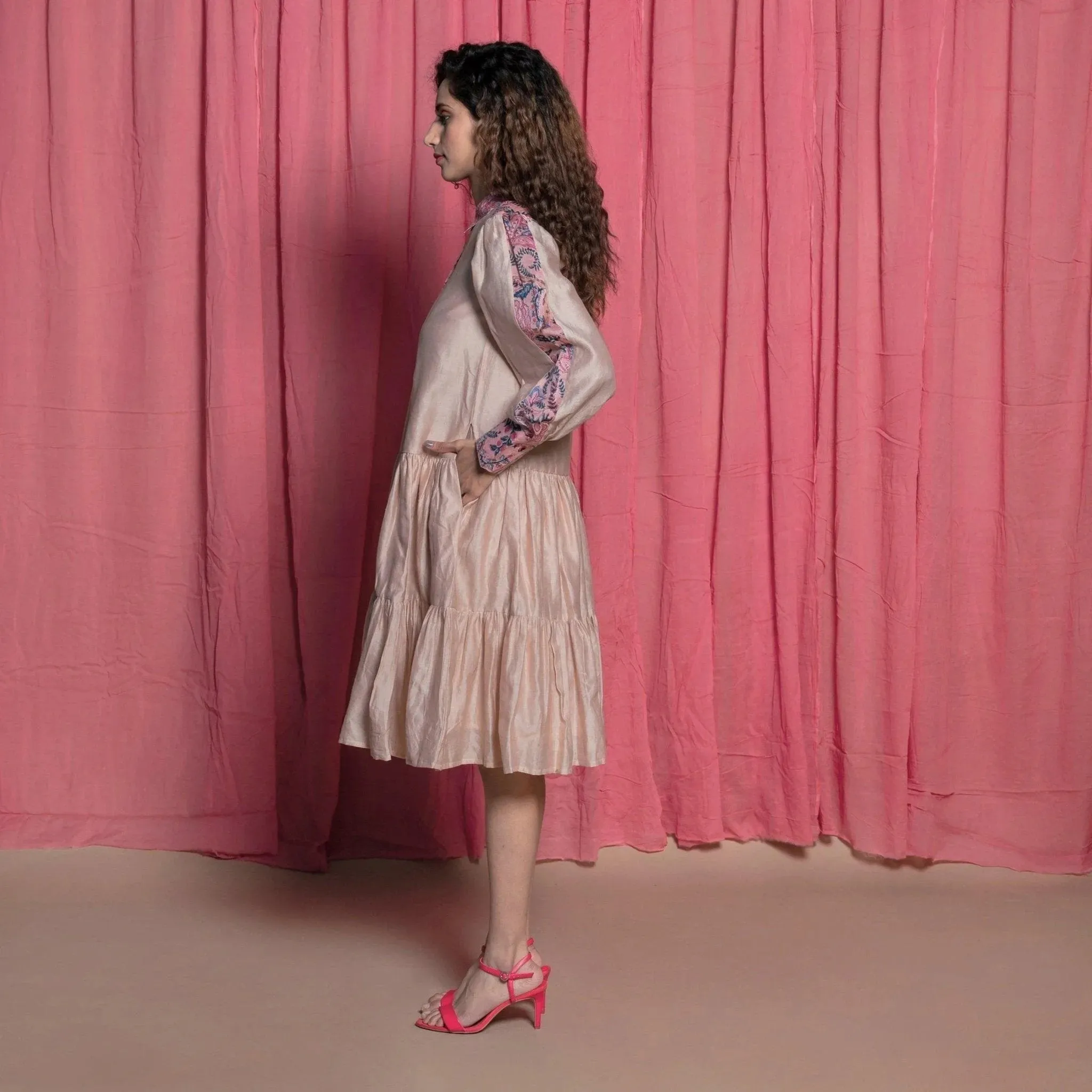 Champagne Chanderi Cotton Block Print Knee Length Dress