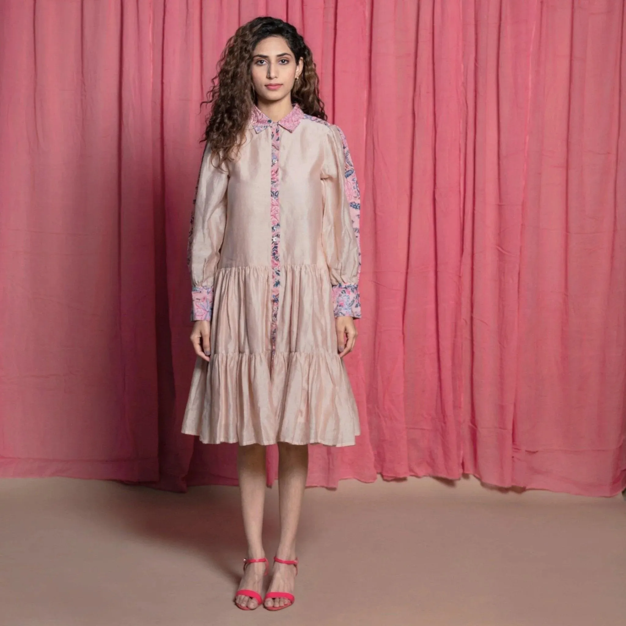 Champagne Chanderi Cotton Block Print Knee Length Dress
