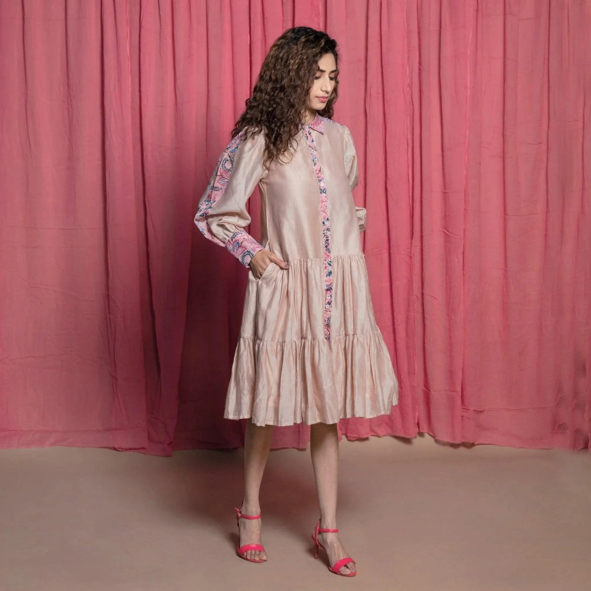 Champagne Chanderi Cotton Block Print Knee Length Dress