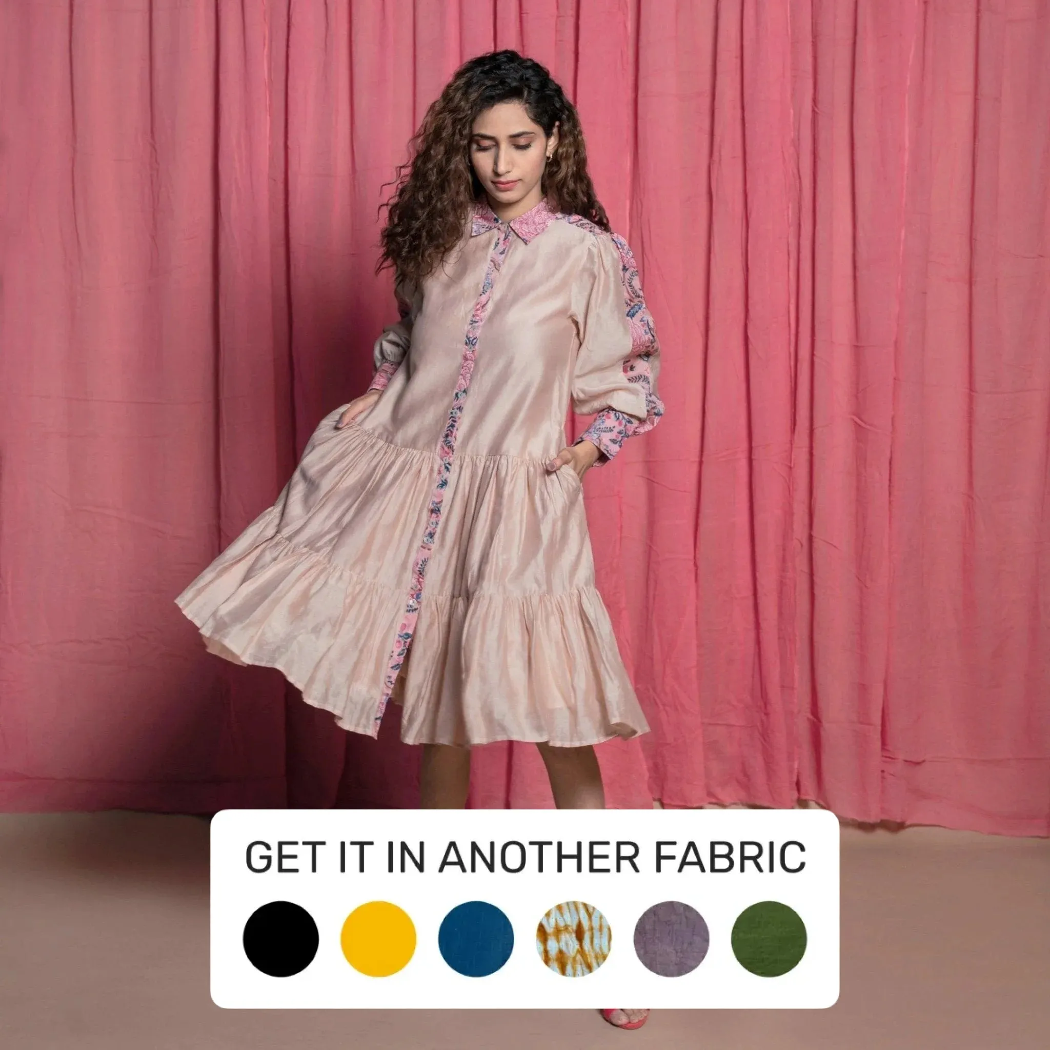 Champagne Chanderi Cotton Block Print Knee Length Dress