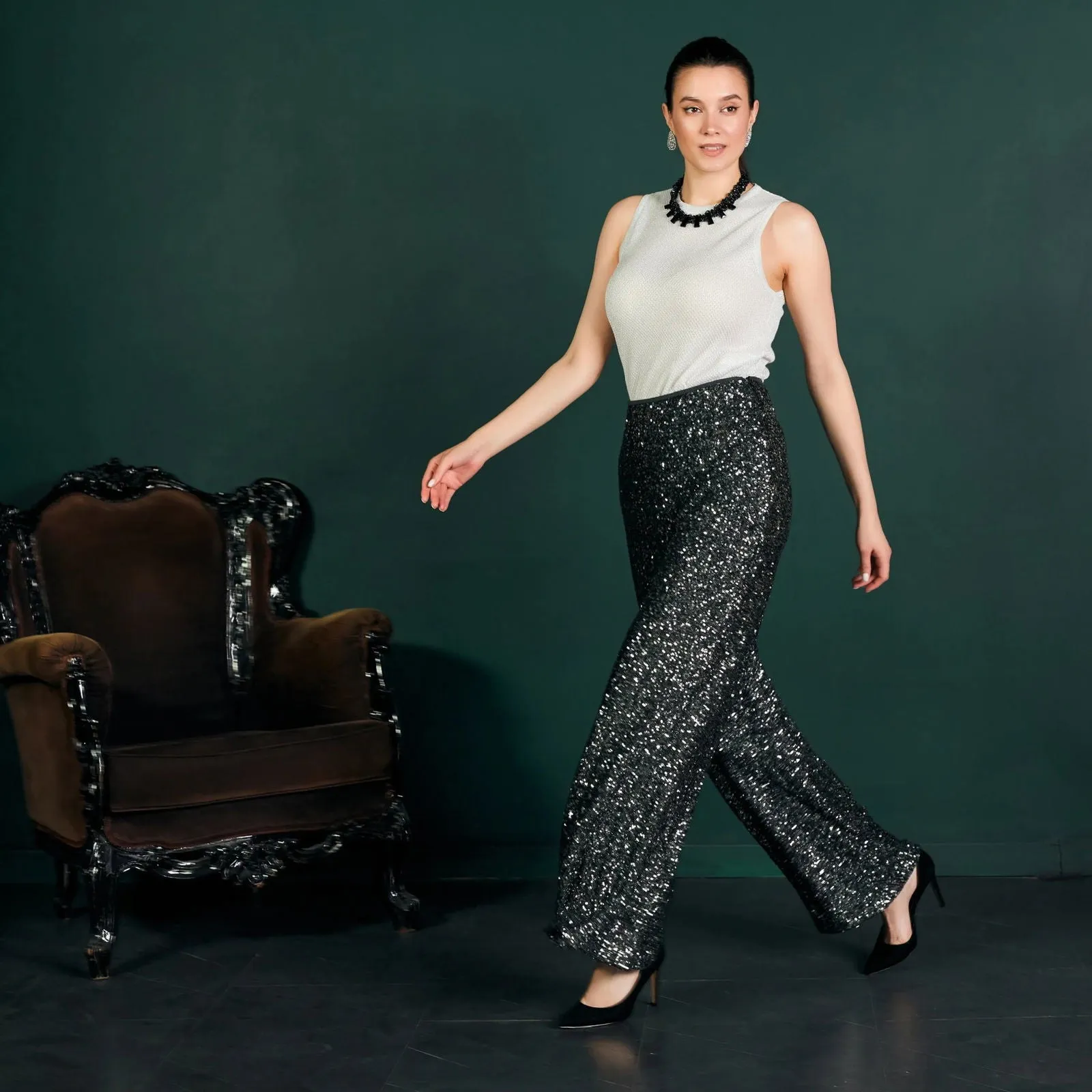 Charcoal Sparkle Sequin Wide Leg Flare Pants