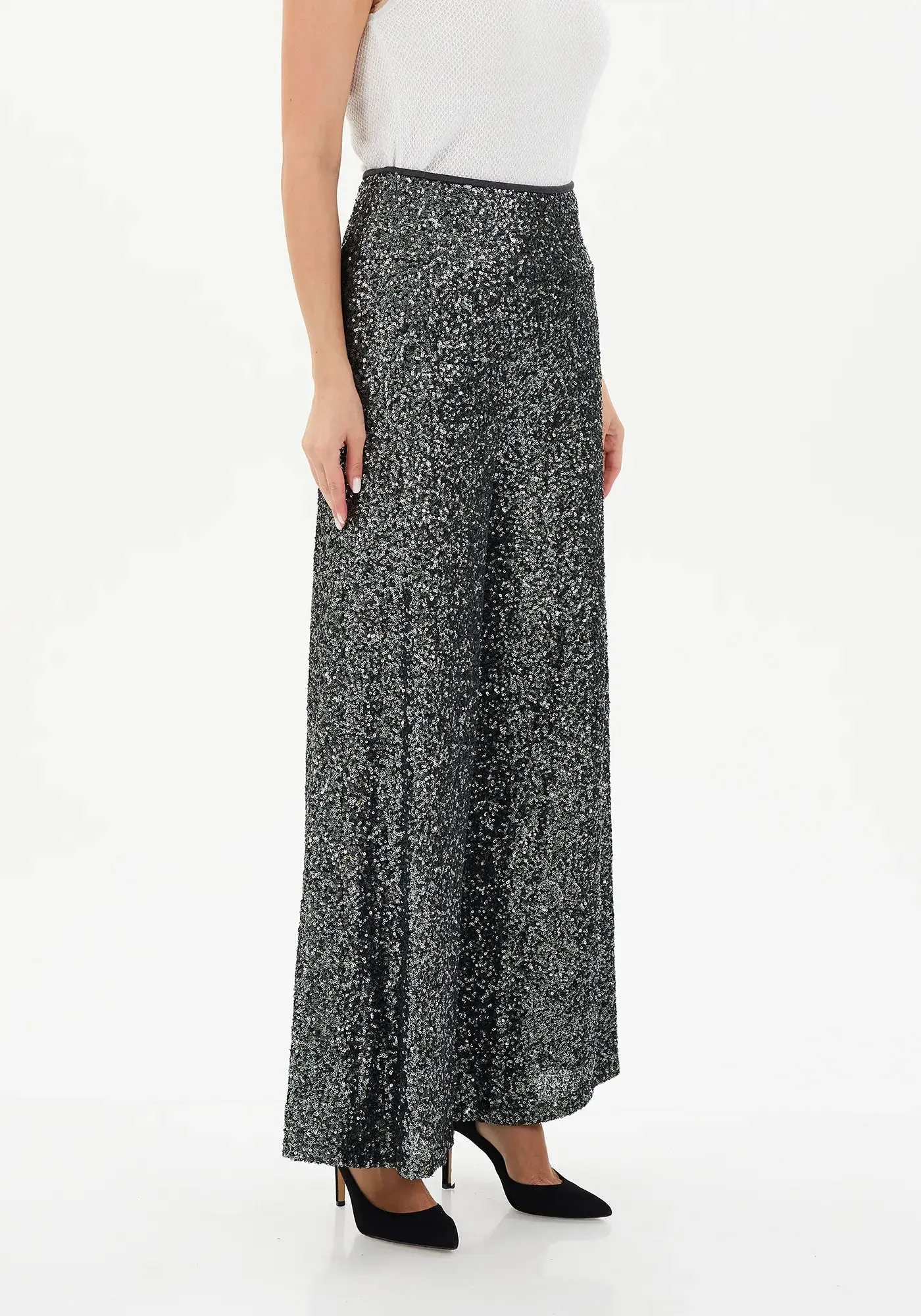 Charcoal Sparkle Sequin Wide Leg Flare Pants