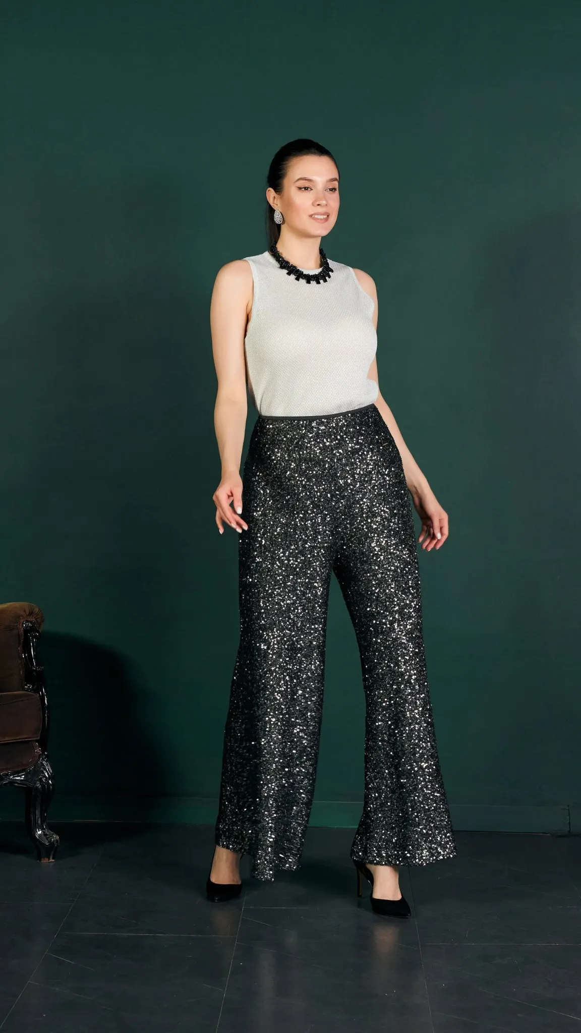 Charcoal Sparkle Sequin Wide Leg Flare Pants
