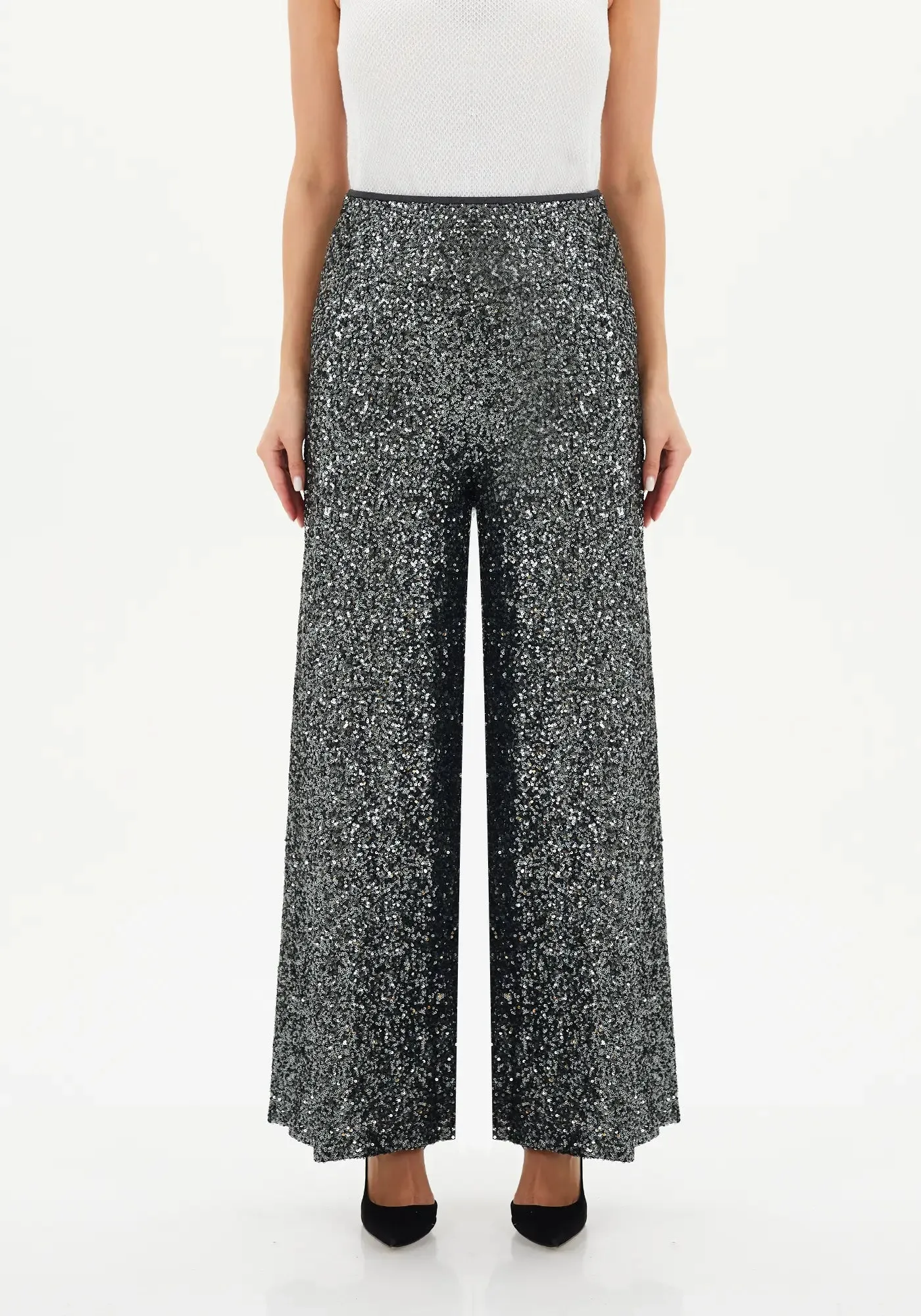 Charcoal Sparkle Sequin Wide Leg Flare Pants