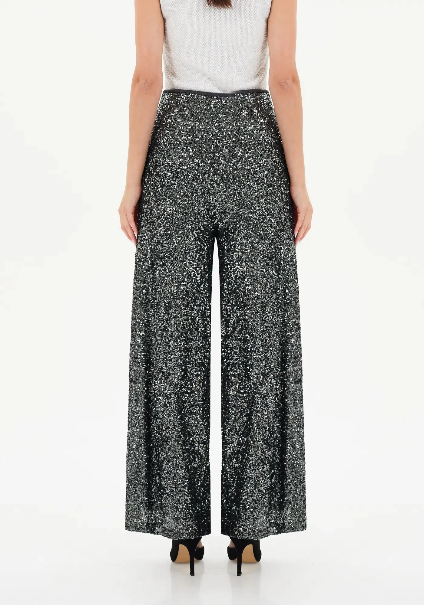Charcoal Sparkle Sequin Wide Leg Flare Pants