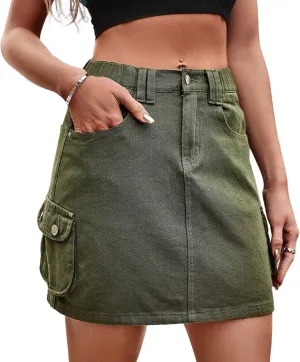 CHARTOU Denim Cargo Skirt for Women Jean Mini Skirt Skorts Wrap Short Skirt y2k Multi Pockets Elastic Waist