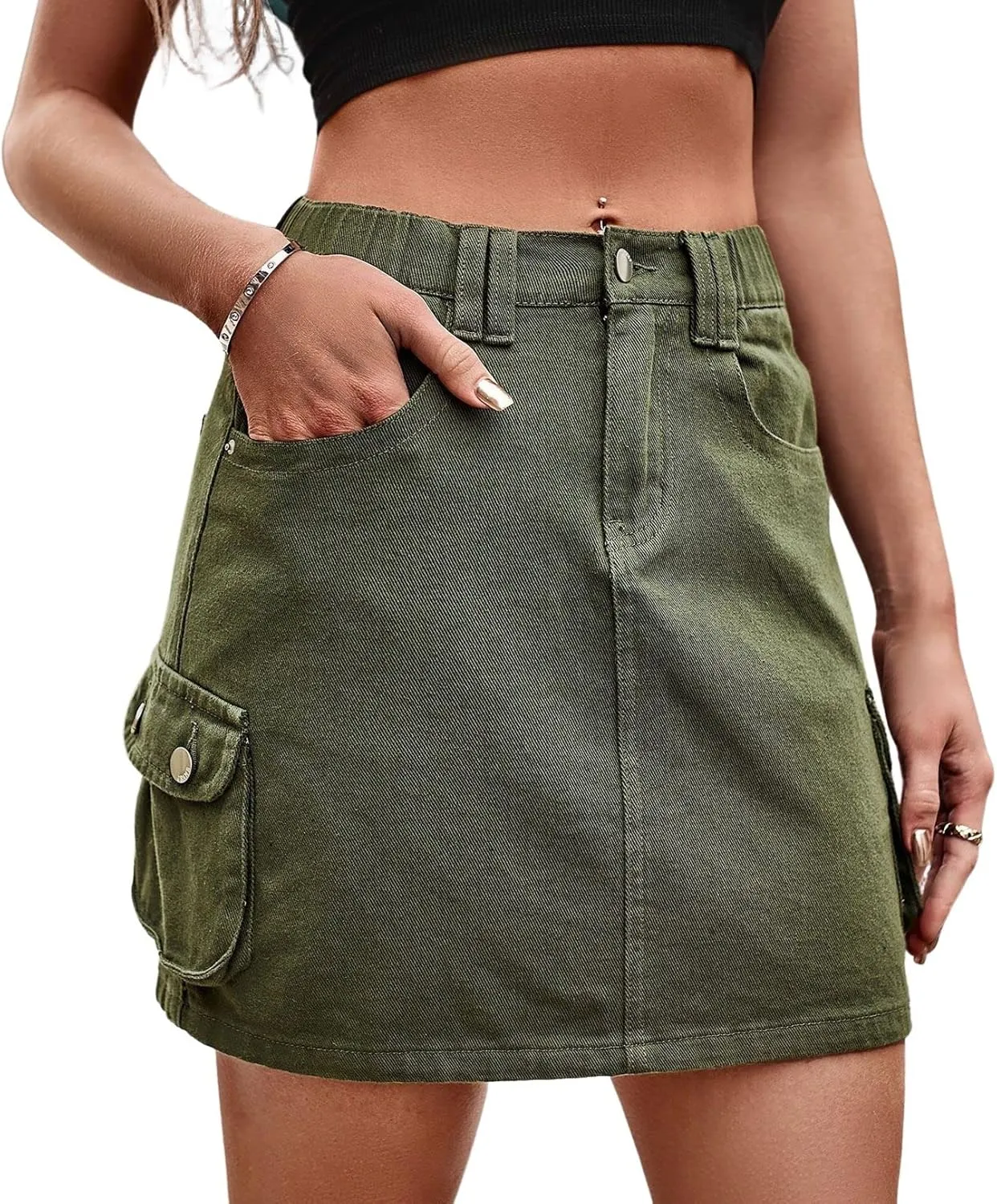 CHARTOU Denim Cargo Skirt for Women Jean Mini Skirt Skorts Wrap Short Skirt y2k Multi Pockets Elastic Waist