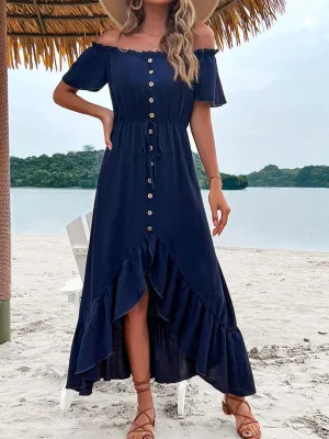Chic Blue One Shoulder Ruffle Dress with Flowy Hem