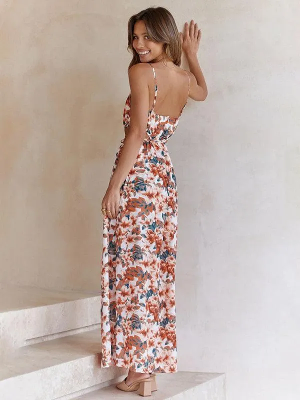 Chic Floral Suspender Dress with Elegant Waist Tie