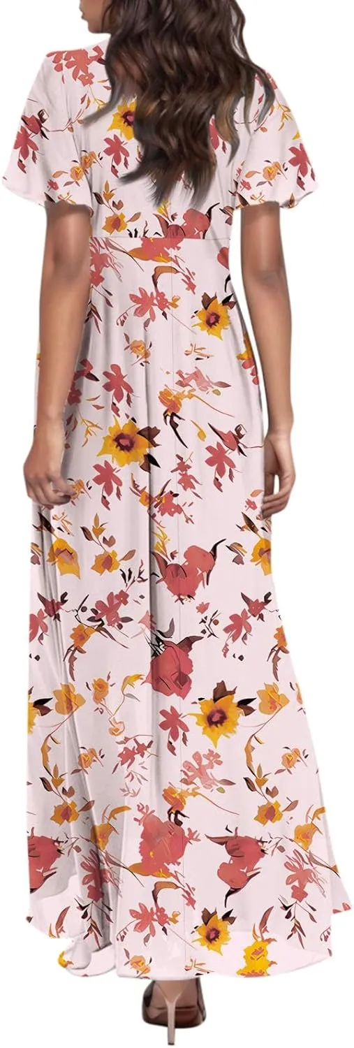 Chiffon Dresses for Women Flutter Sleeve Summer Boho Floral Maxi Dresses Gauze Flowy Garden Wedding Guest Long Dress