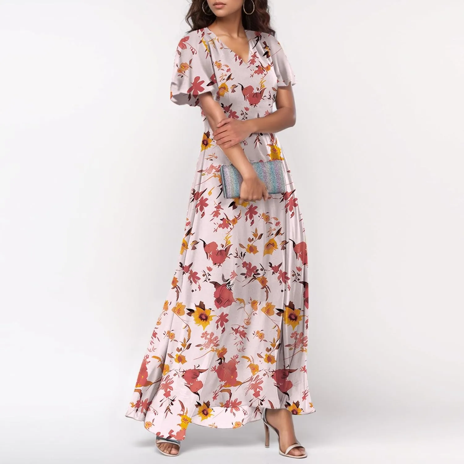 Chiffon Dresses for Women Flutter Sleeve Summer Boho Floral Maxi Dresses Gauze Flowy Garden Wedding Guest Long Dress