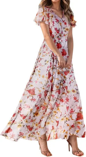 Chiffon Dresses for Women Flutter Sleeve Summer Boho Floral Maxi Dresses Gauze Flowy Garden Wedding Guest Long Dress