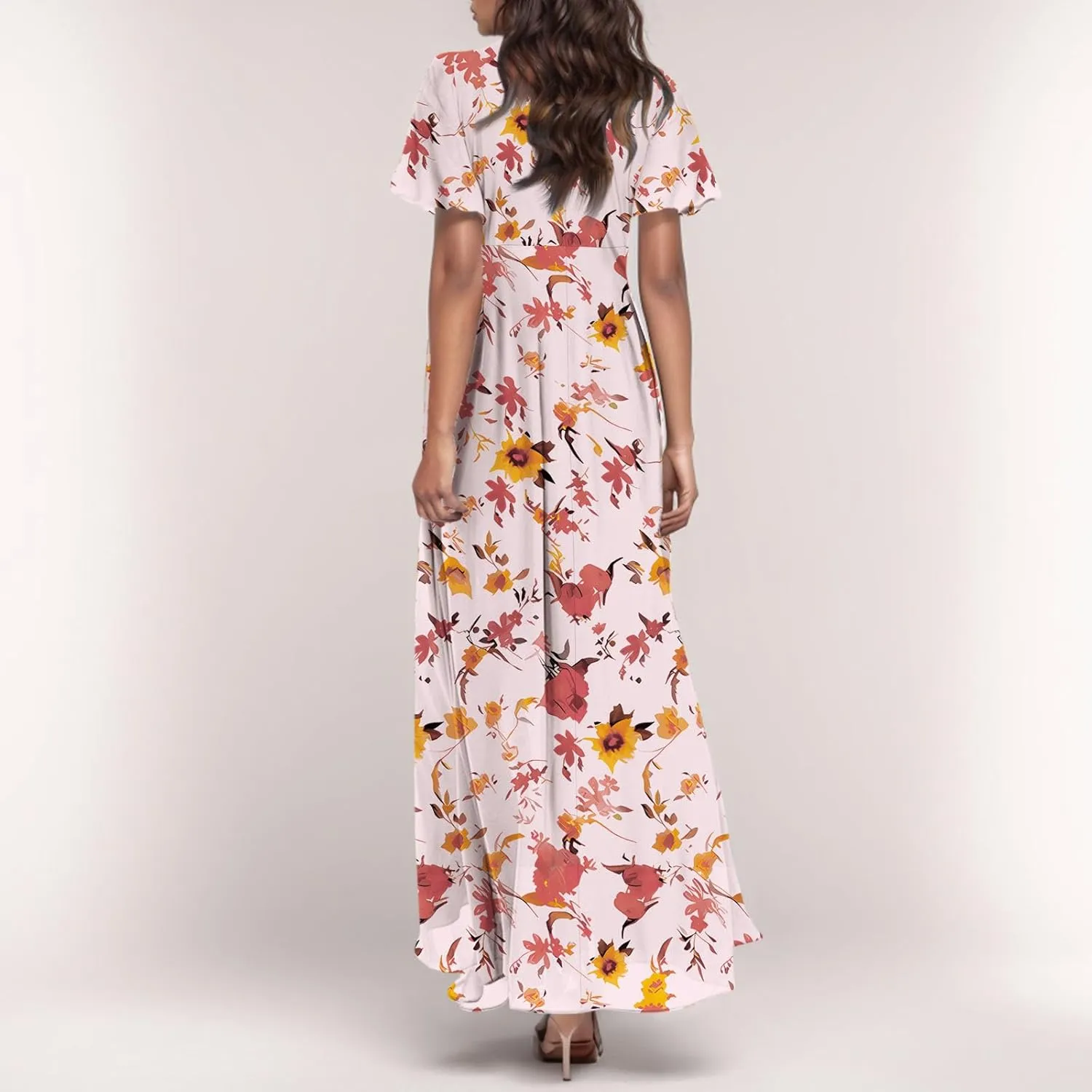 Chiffon Dresses for Women Flutter Sleeve Summer Boho Floral Maxi Dresses Gauze Flowy Garden Wedding Guest Long Dress
