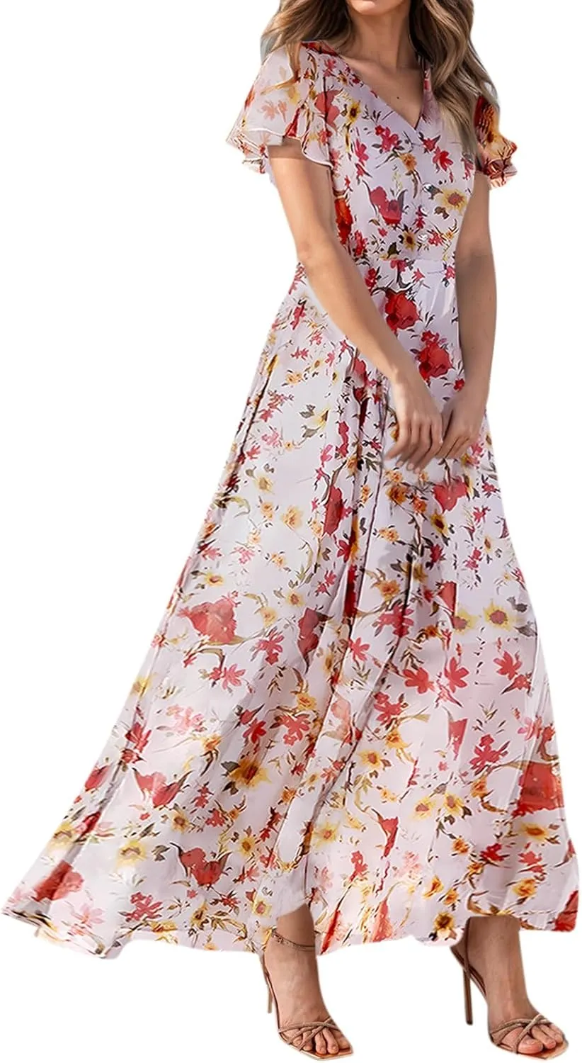 Chiffon Dresses for Women Flutter Sleeve Summer Boho Floral Maxi Dresses Gauze Flowy Garden Wedding Guest Long Dress