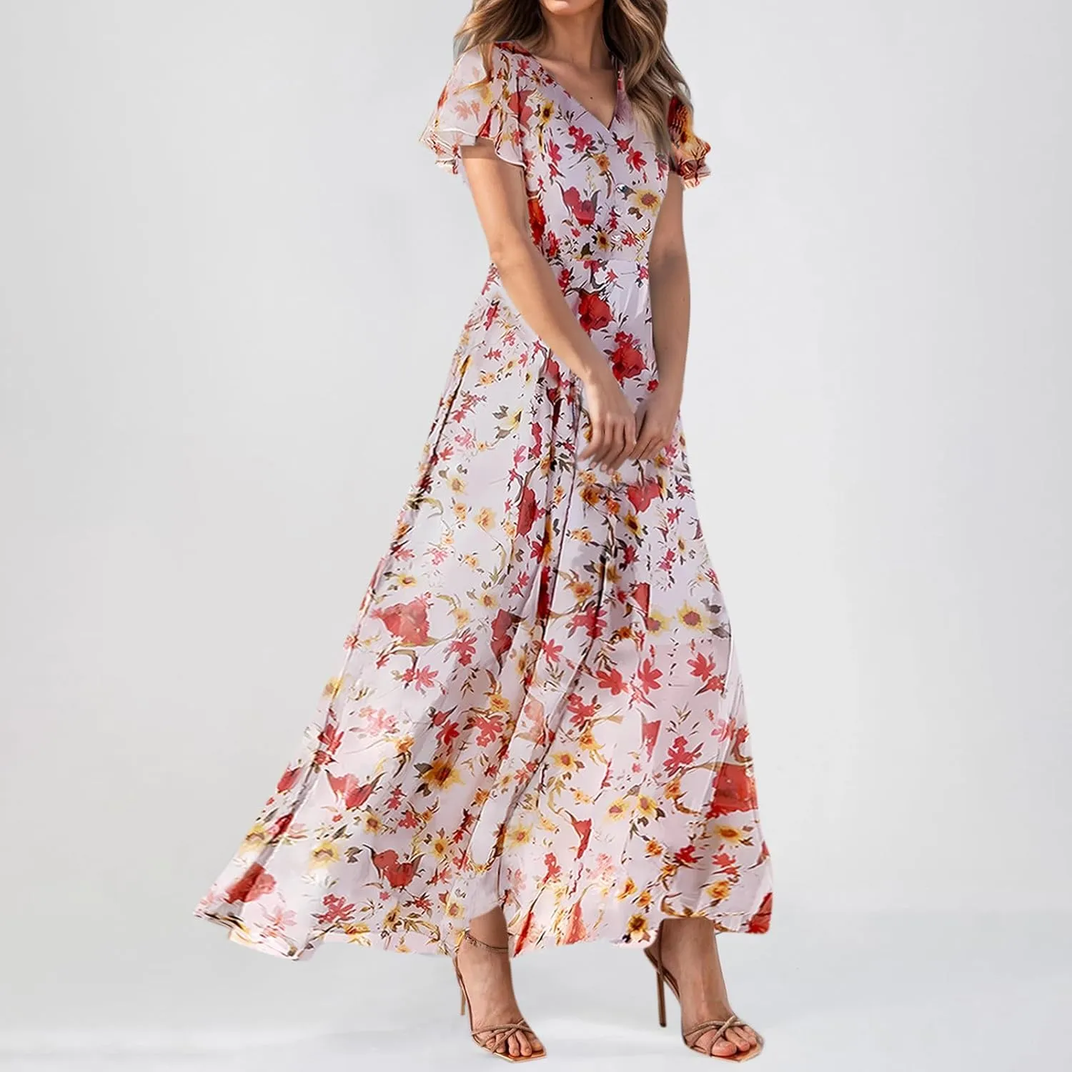 Chiffon Dresses for Women Flutter Sleeve Summer Boho Floral Maxi Dresses Gauze Flowy Garden Wedding Guest Long Dress