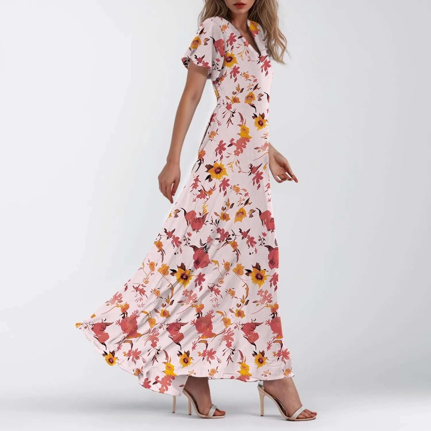 Chiffon Dresses for Women Flutter Sleeve Summer Boho Floral Maxi Dresses Gauze Flowy Garden Wedding Guest Long Dress