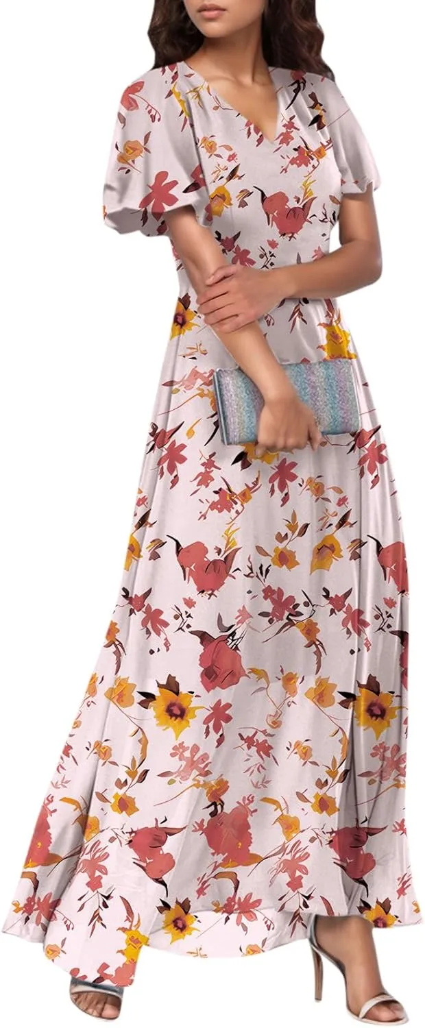 Chiffon Dresses for Women Flutter Sleeve Summer Boho Floral Maxi Dresses Gauze Flowy Garden Wedding Guest Long Dress