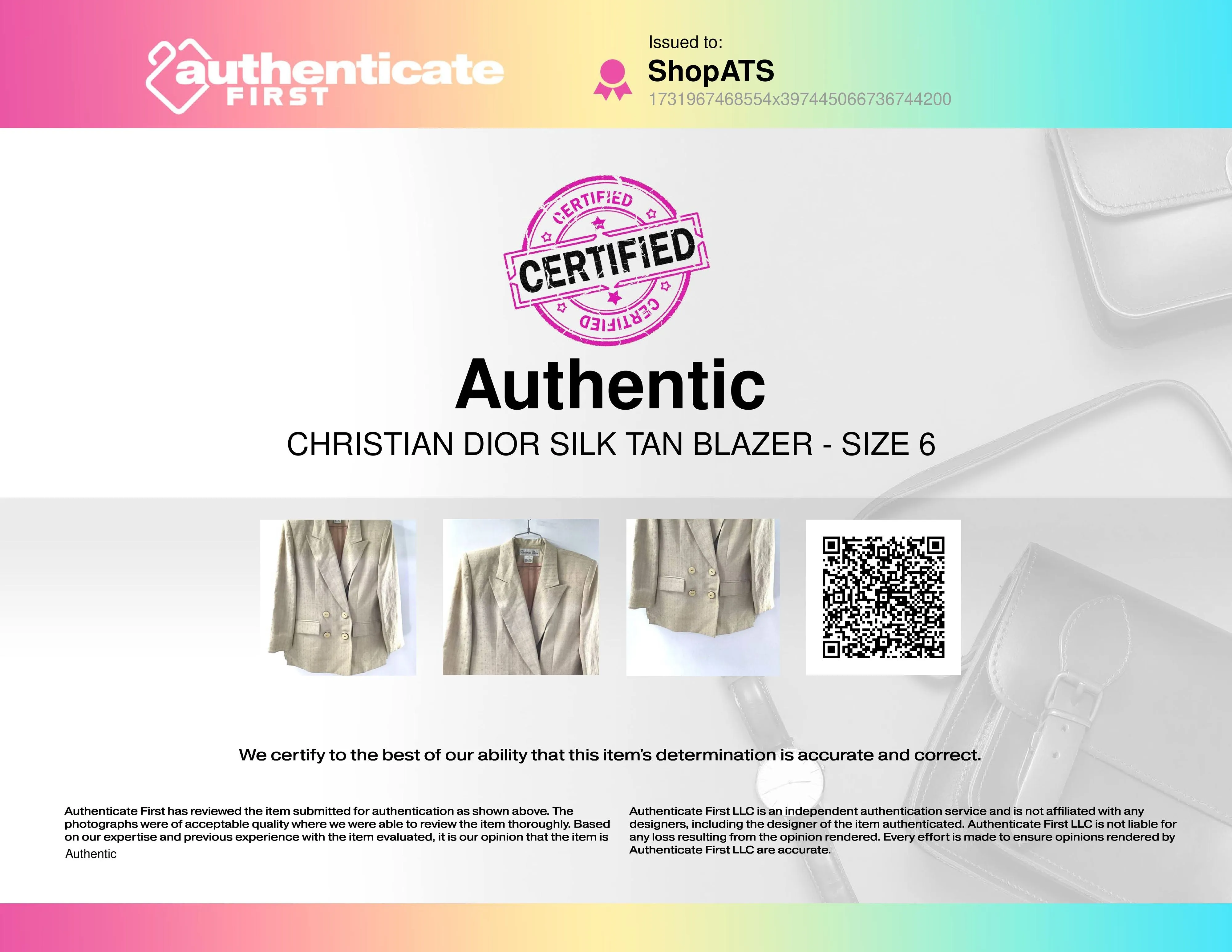 Christian Dior Women's Tan Silk Blazer - Size 6 With COA