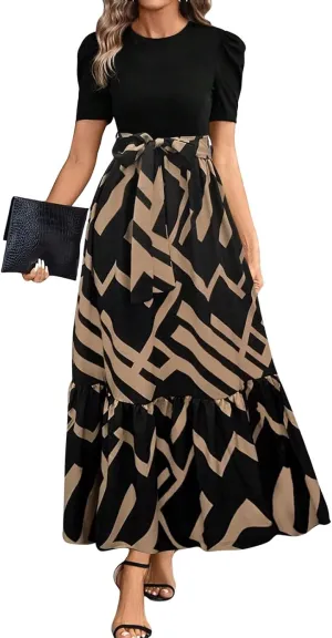 Church Dresses for Women Vintage Short Sleeve Floral Maxi Dress with Bow Belt Casual Summer Elegant Teacher Dresses