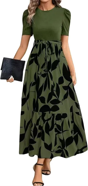 Church Dresses for Women Vintage Short Sleeve Floral Maxi Dress with Bow Belt Casual Summer Elegant Teacher Dresses