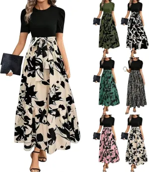 Church Dresses for Women Vintage Short Sleeve Floral Maxi Dress with Bow Belt Casual Summer Elegant Teacher Dresses