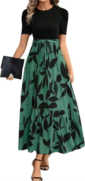 Church Dresses for Women Vintage Short Sleeve Floral Maxi Dress with Bow Belt Casual Summer Elegant Teacher Dresses