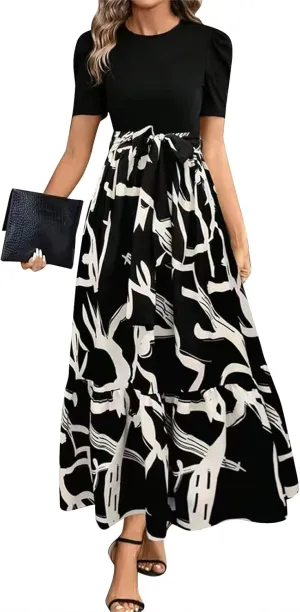 Church Dresses for Women Vintage Short Sleeve Floral Maxi Dress with Bow Belt Casual Summer Elegant Teacher Dresses