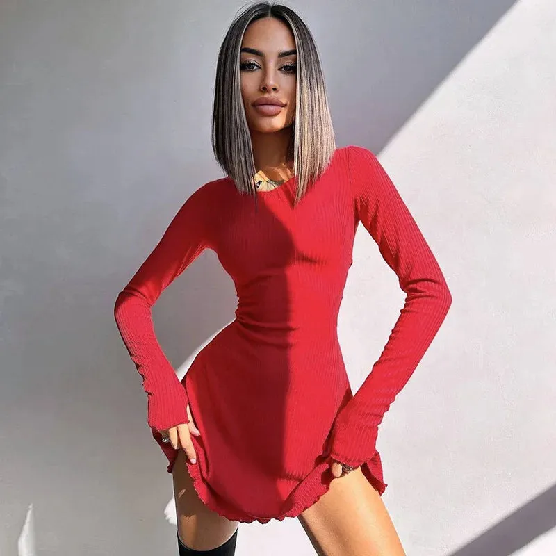Claire Ribbed Long Sleeve Lace-Up Mini Dress