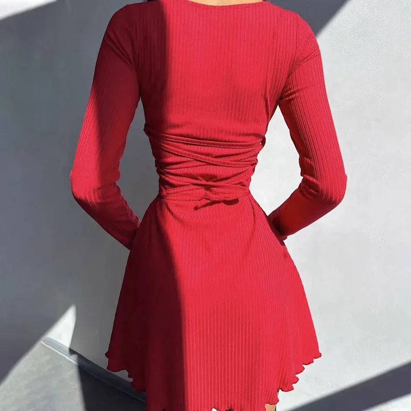 Claire Ribbed Long Sleeve Lace-Up Mini Dress