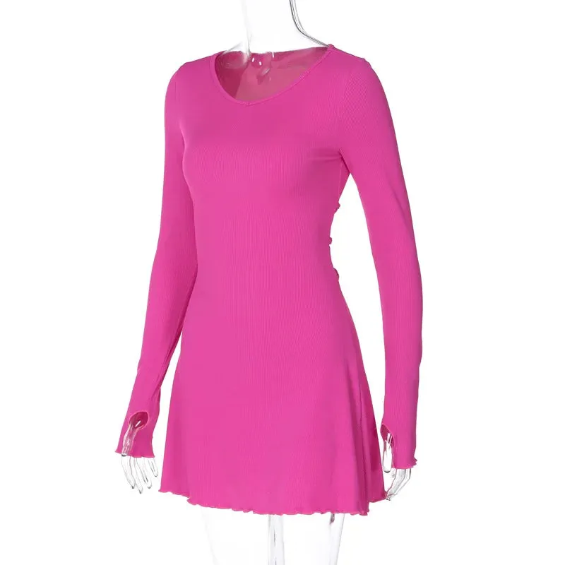 Claire Ribbed Long Sleeve Lace-Up Mini Dress