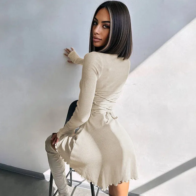 Claire Ribbed Long Sleeve Lace-Up Mini Dress