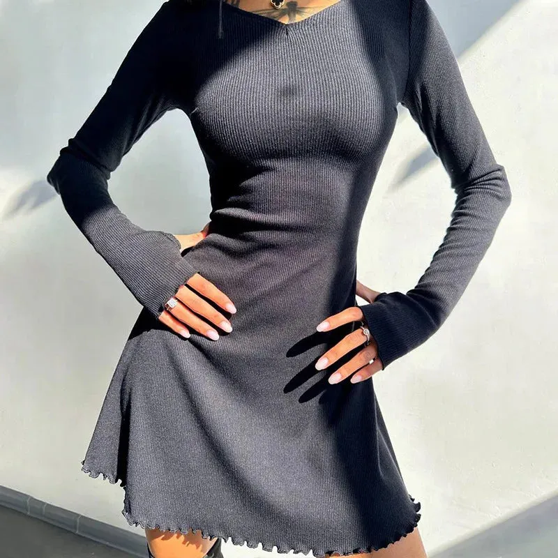 Claire Ribbed Long Sleeve Lace-Up Mini Dress