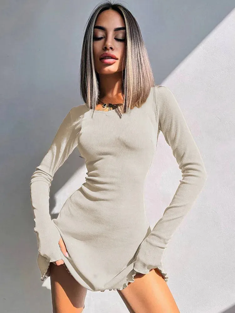 Claire Ribbed Long Sleeve Lace-Up Mini Dress