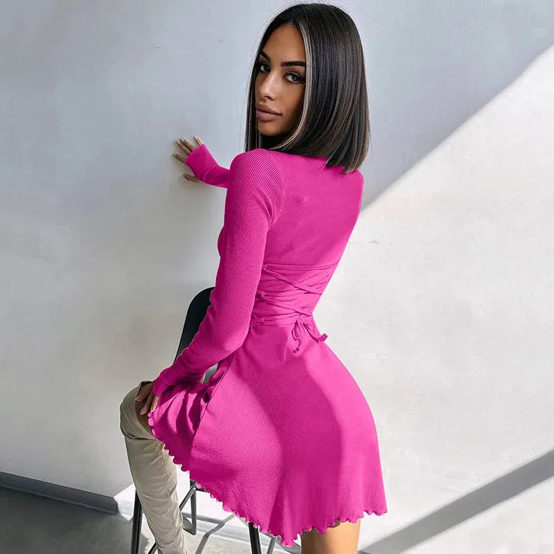 Claire Ribbed Long Sleeve Lace-Up Mini Dress