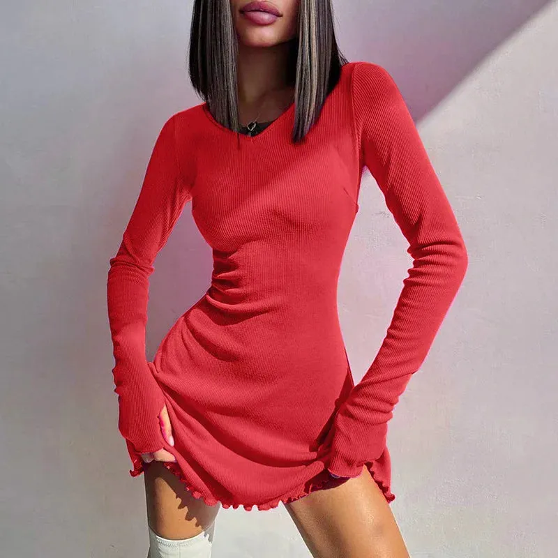 Claire Ribbed Long Sleeve Lace-Up Mini Dress