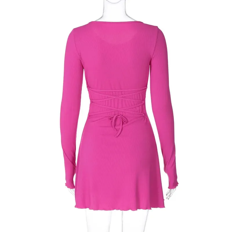 Claire Ribbed Long Sleeve Lace-Up Mini Dress