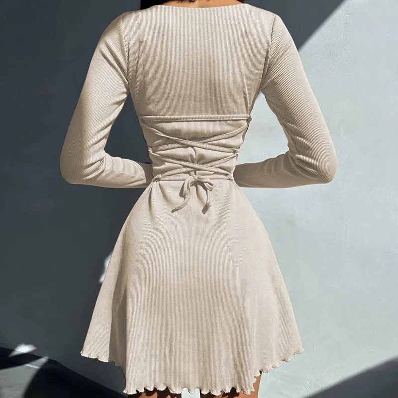 Claire Ribbed Long Sleeve Lace-Up Mini Dress
