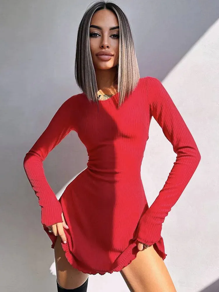 Claire Ribbed Long Sleeve Lace-Up Mini Dress