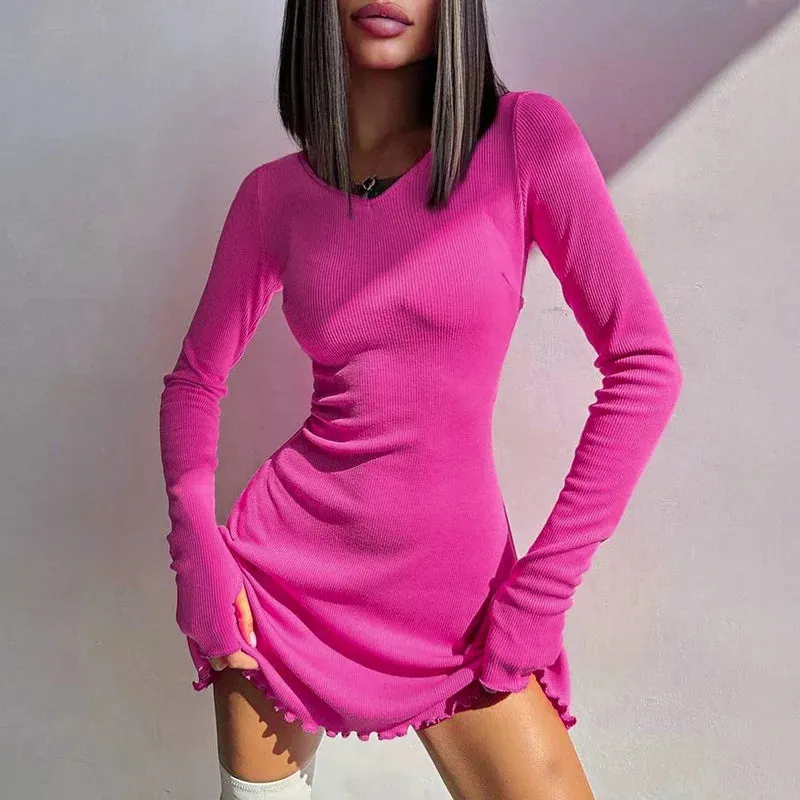 Claire Ribbed Long Sleeve Lace-Up Mini Dress