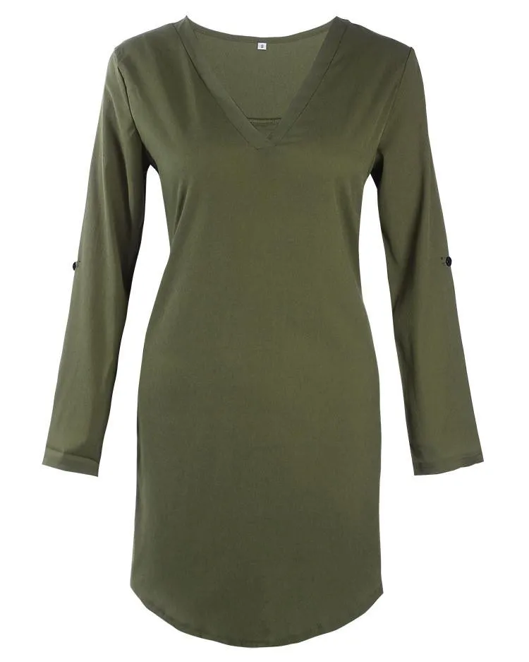 Clearance Simple Fashion Chiffon V Neck Dip Hem Short Dress
