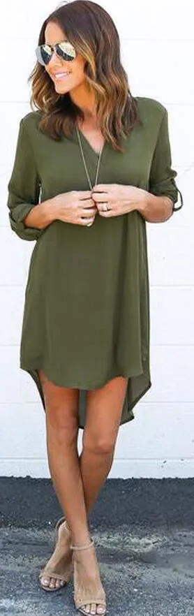 Clearance Simple Fashion Chiffon V Neck Dip Hem Short Dress