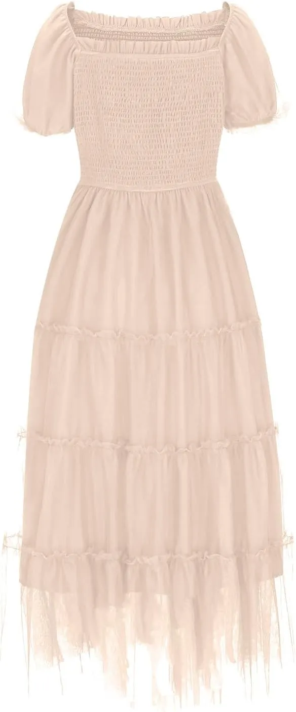Cocktail Dresses for Women Summer Wedding Guest Dress 2025 Square Neck Maxi Sundress Smocked Pleated Flounce Dress