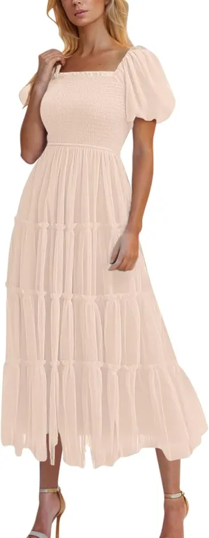 Cocktail Dresses for Women Summer Wedding Guest Dress 2025 Square Neck Maxi Sundress Smocked Pleated Flounce Dress