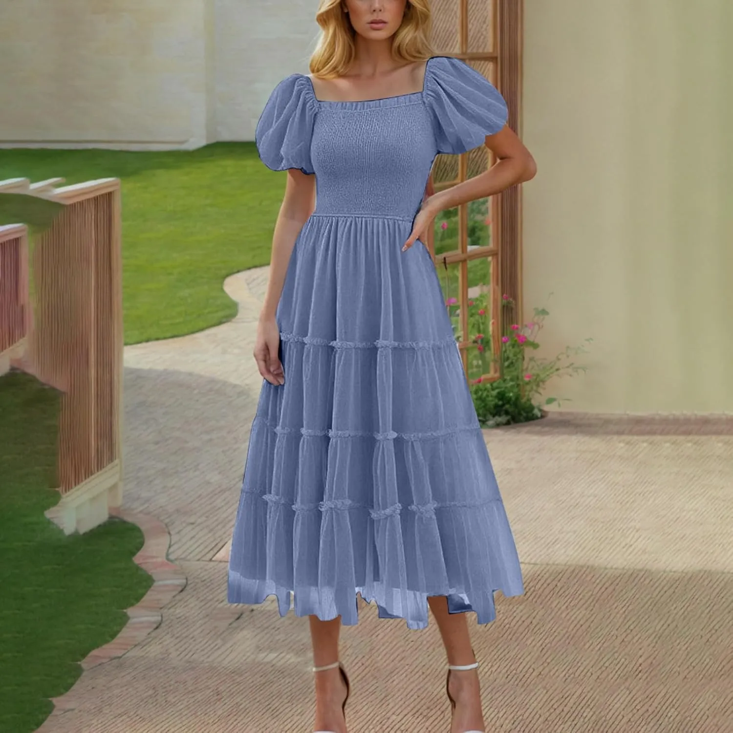 Cocktail Dresses for Women Summer Wedding Guest Dress 2025 Square Neck Maxi Sundress Smocked Pleated Flounce Dress