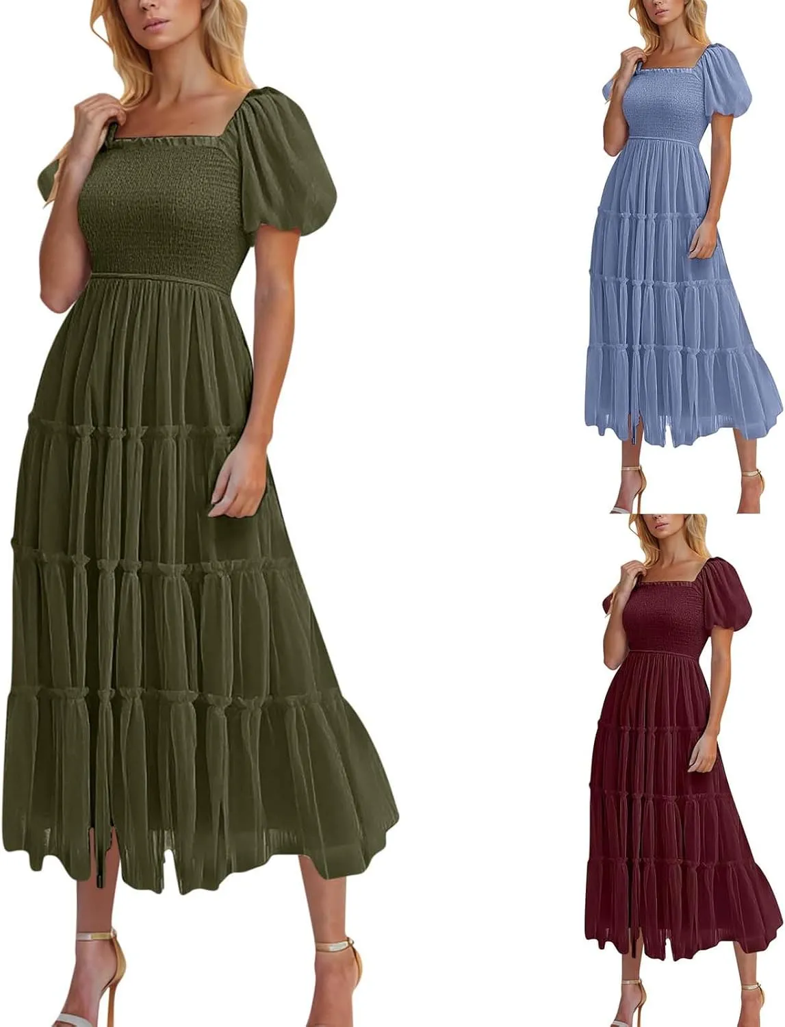Cocktail Dresses for Women Summer Wedding Guest Dress 2025 Square Neck Maxi Sundress Smocked Pleated Flounce Dress