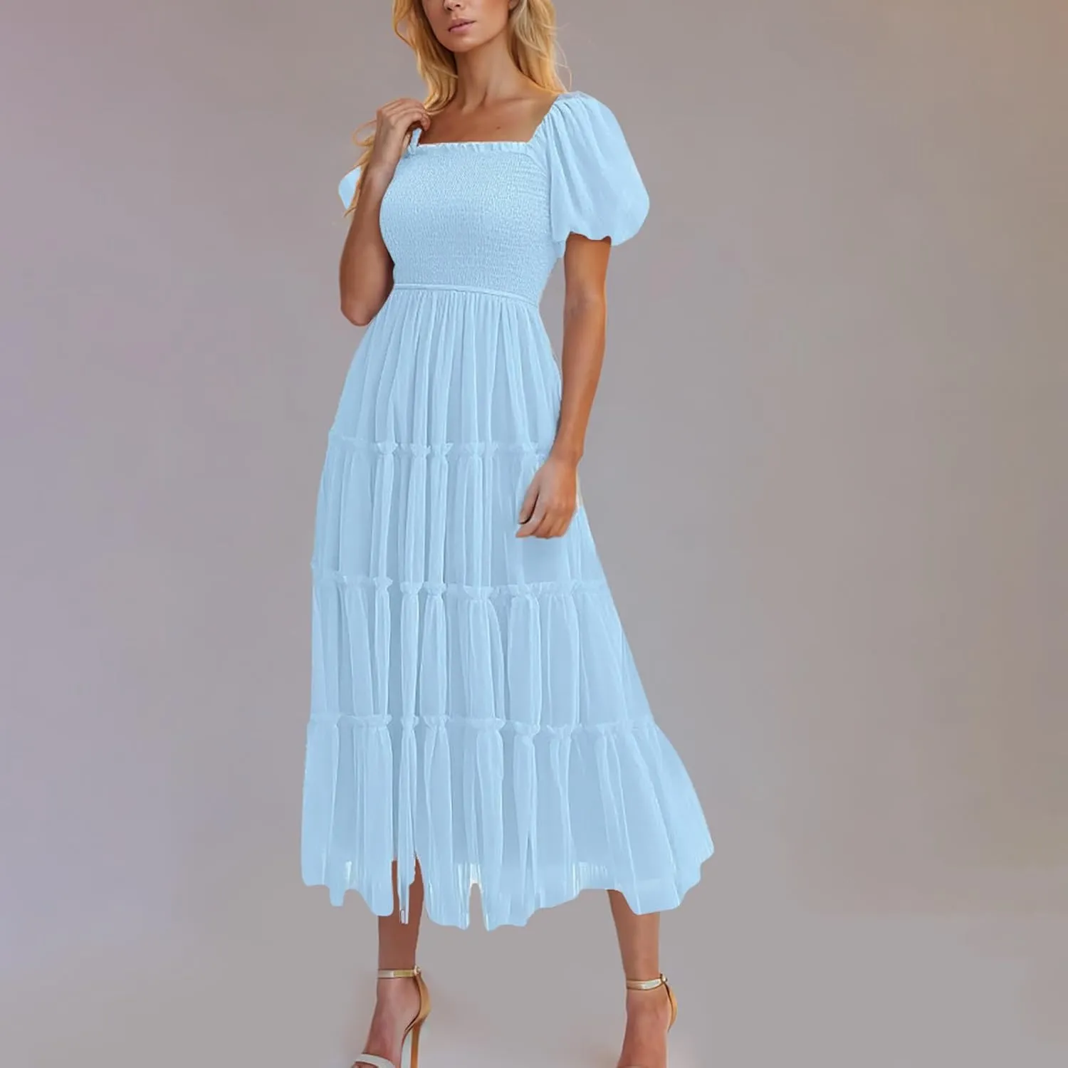 Cocktail Dresses for Women Summer Wedding Guest Dress 2025 Square Neck Maxi Sundress Smocked Pleated Flounce Dress